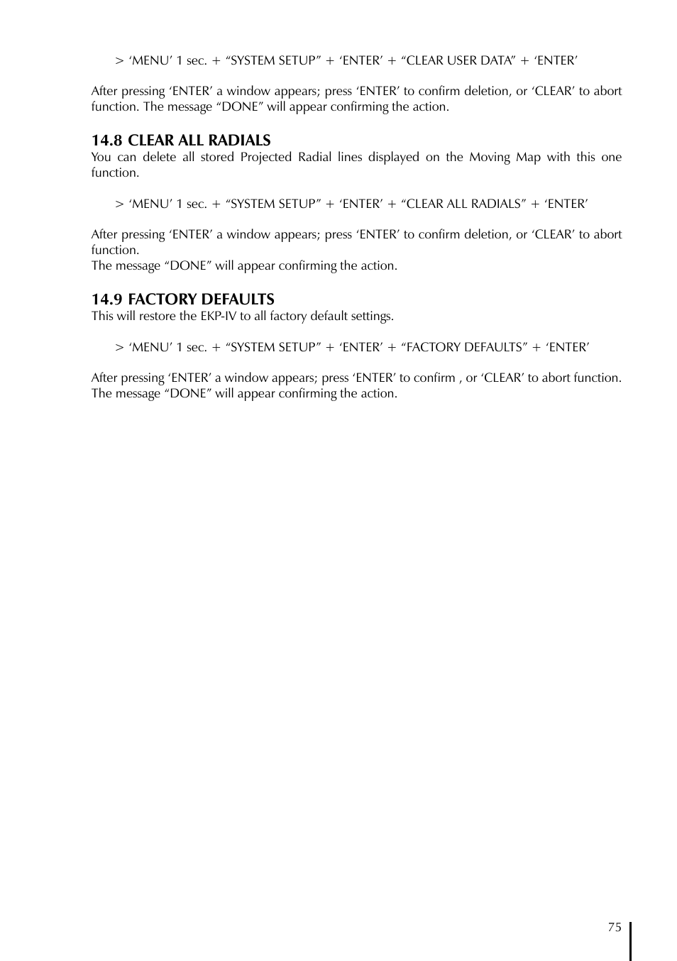 8 clear all radials, 9 factory defaults | AvMap EKPIV series User Manual | Page 75 / 96