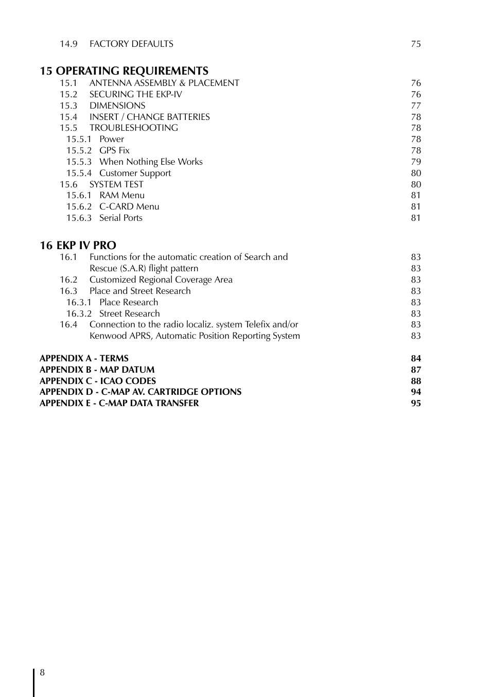 15 operating requirements, 16 ekp iv pro | AvMap EKPIV series User Manual | Page 8 / 96