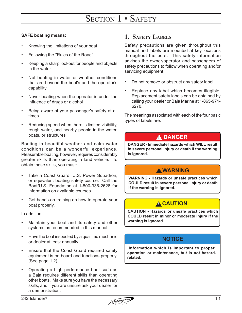 1 • s, Ection, Afety | Baja Marine Islander 242 User Manual | Page 11 / 83