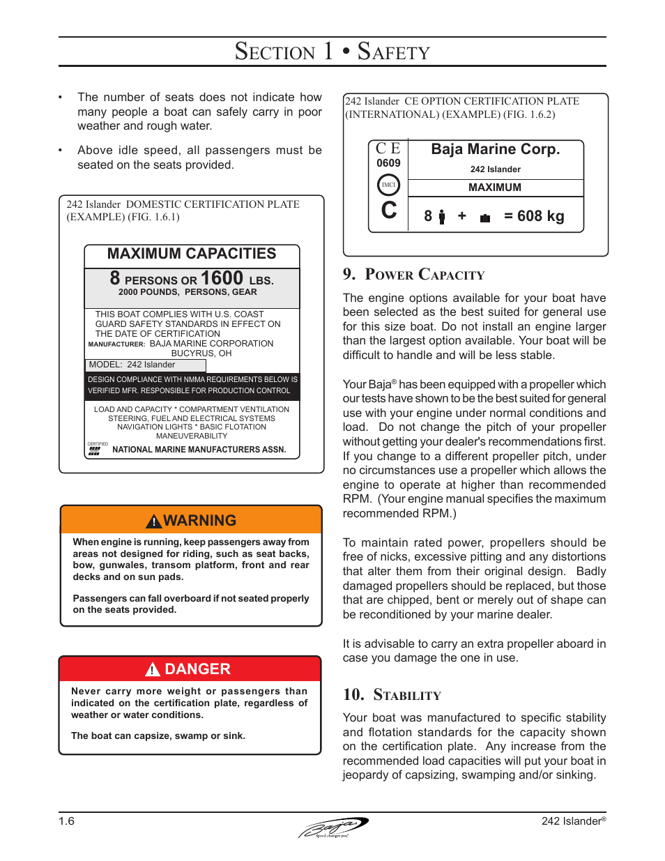 1 • s, Ection, Afety | Warning, Danger, Baja marine corp, 8 + = 608 kg, Maximum capacities | Baja Marine Islander 242 User Manual | Page 16 / 83