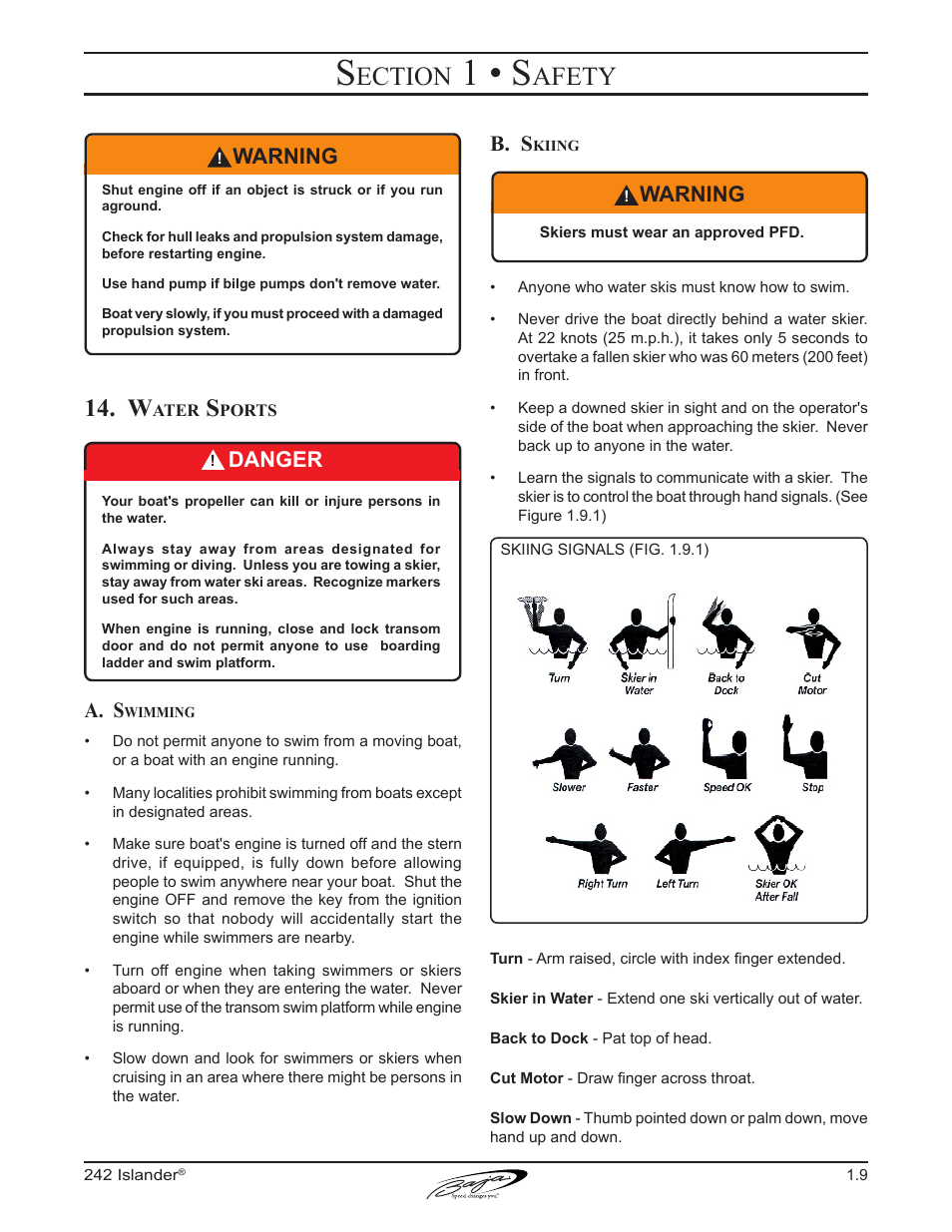 1 • s, Ection, Afety | A. s, B. s, Warning, Danger | Baja Marine Islander 242 User Manual | Page 19 / 83