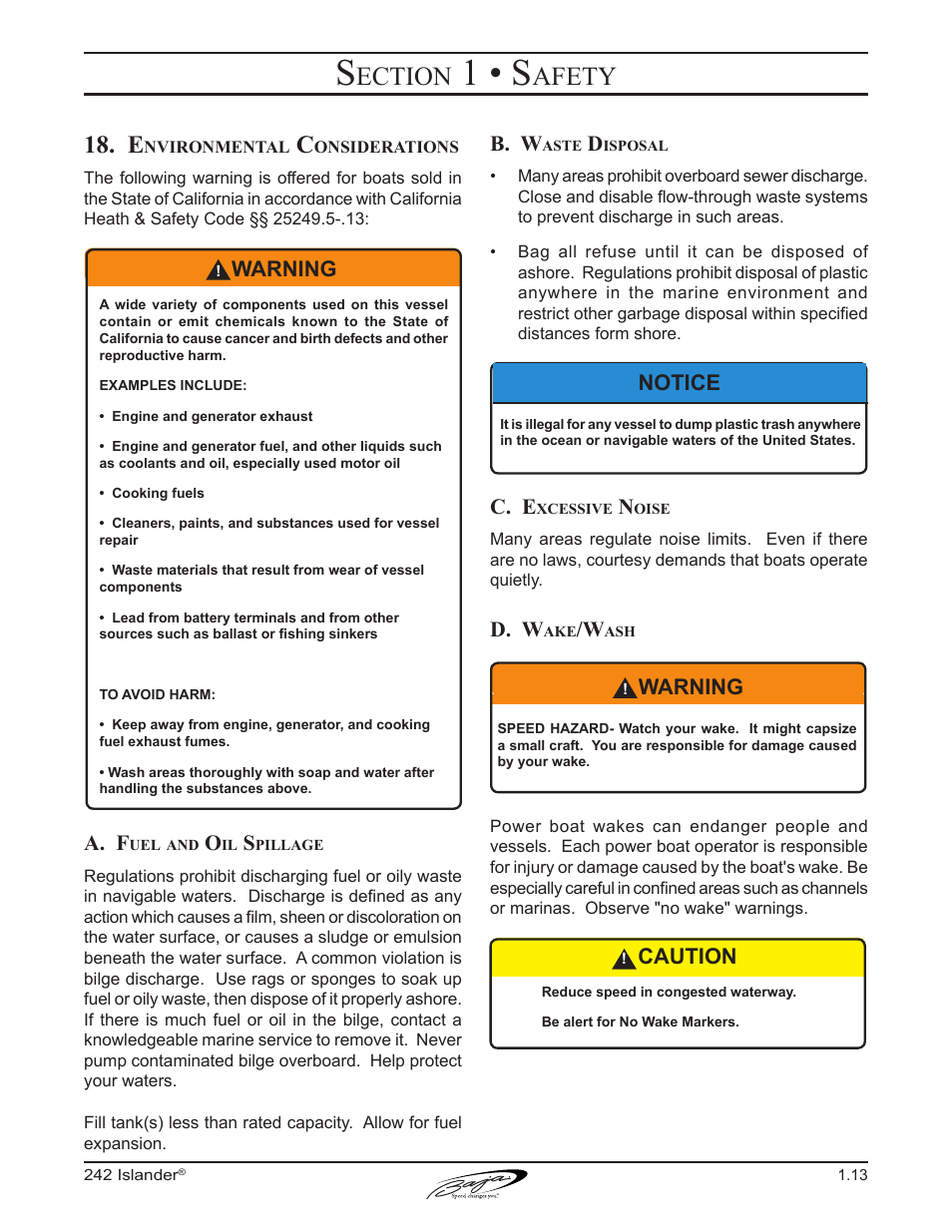 1 • s, Ection, Afety | A. f, B. w, C. e, D. w, Warning, Caution, Notice | Baja Marine Islander 242 User Manual | Page 23 / 83