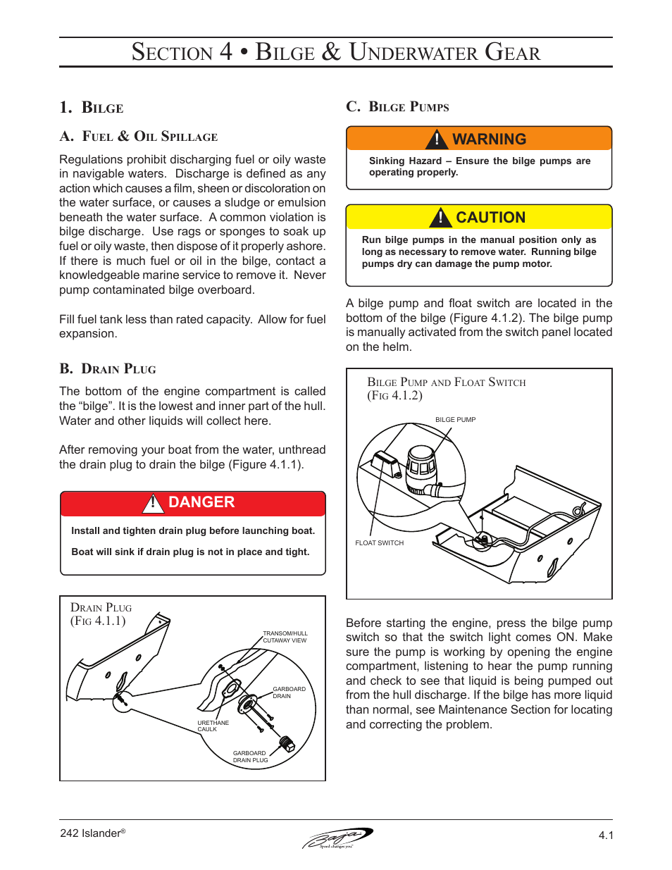 4 • b, Ection, Ilge | Nderwater, A. f, B. d, C. b, Caution, Warning ! danger | Baja Marine Islander 242 User Manual | Page 43 / 83