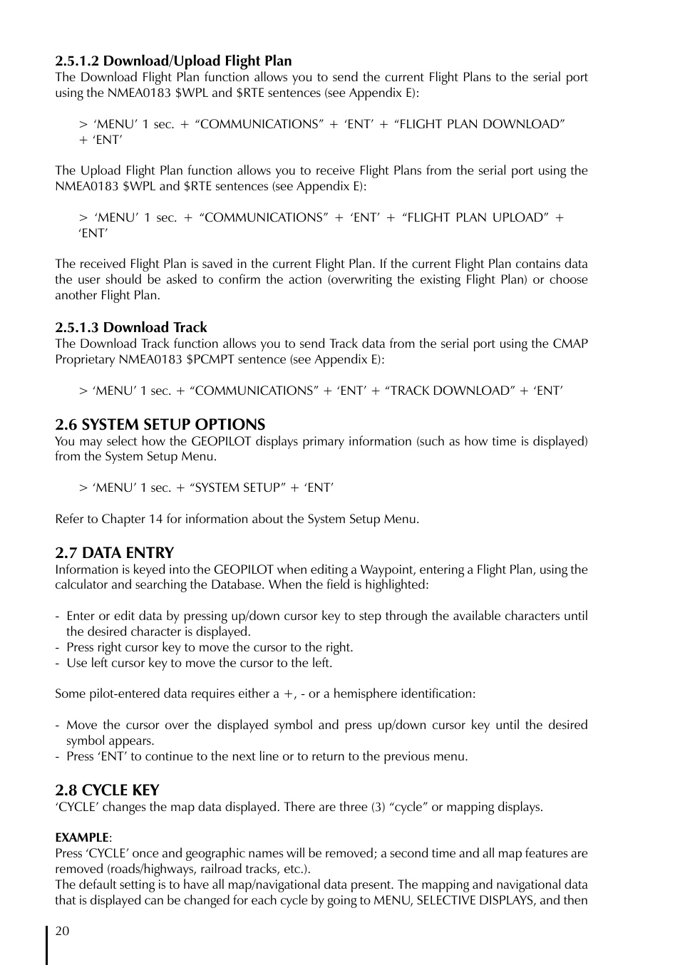 6 system setup options, 7 data entry, 8 cycle key | AvMap GeoPilot Plus User Manual | Page 20 / 93