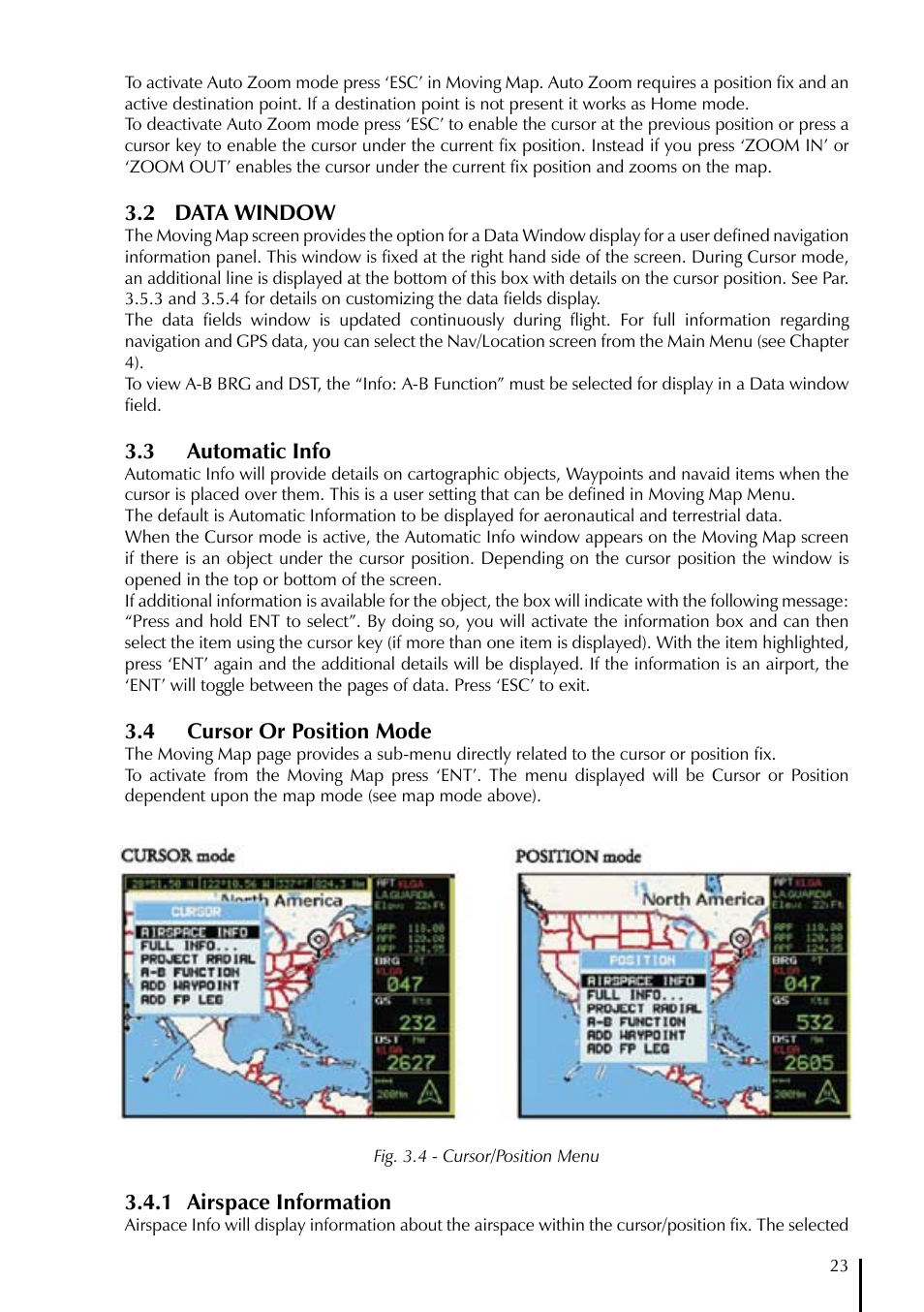 2 data window, 3 automatic info, 4 cursor or position mode | 1 airspace information | AvMap GeoPilot Plus User Manual | Page 23 / 93