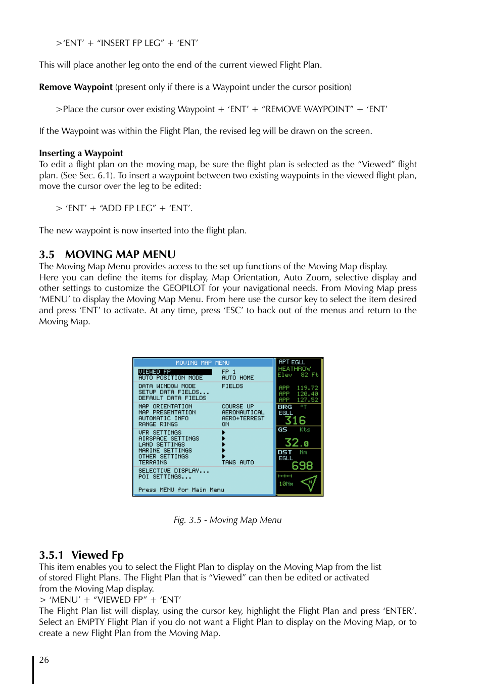 5 moving map menu, 1 viewed fp | AvMap GeoPilot Plus User Manual | Page 26 / 93
