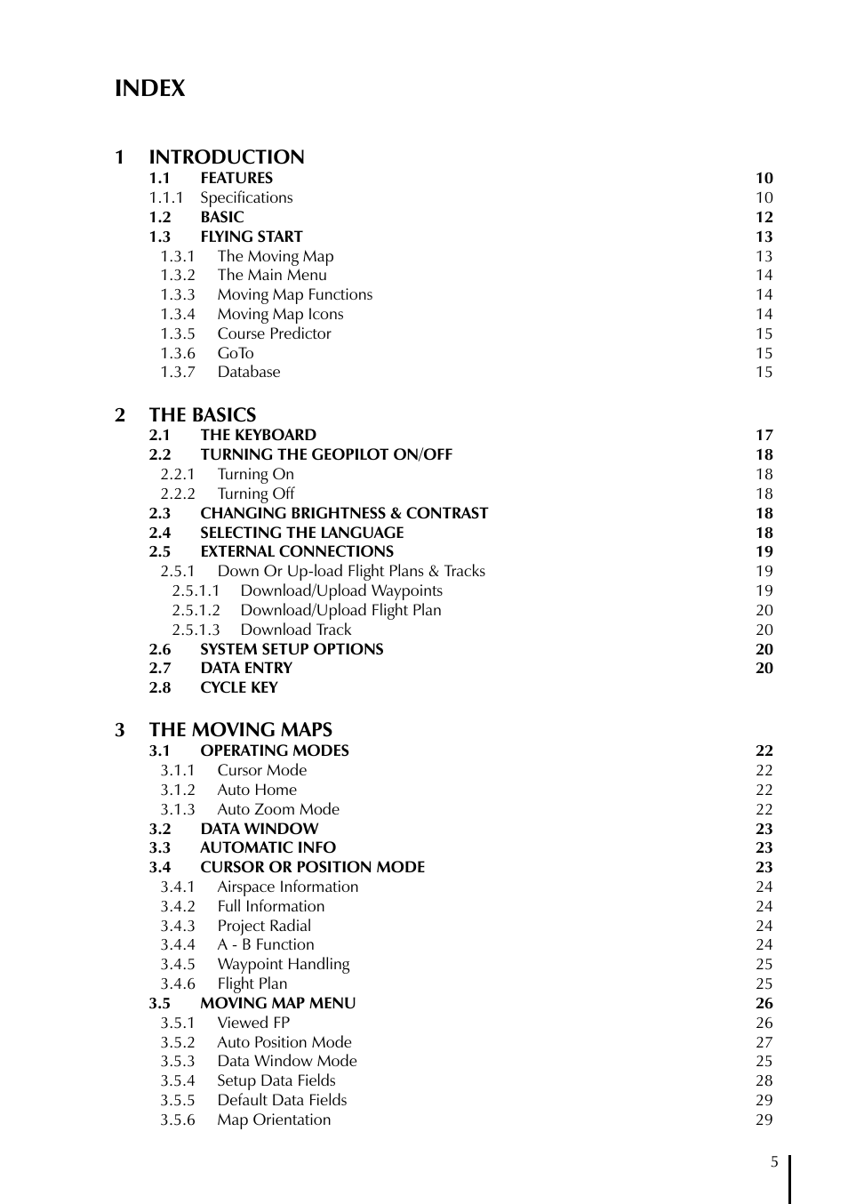 Index, 1 introduction, 2 the basics | 3 the moving maps | AvMap GeoPilot Plus User Manual | Page 5 / 93