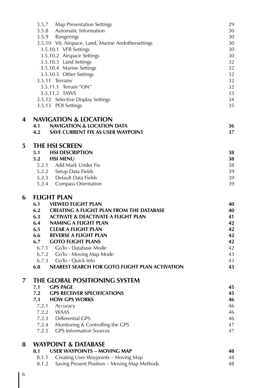 4 navigation & location, 5 the hsi screen, 6 flight plan | 7 the global positioning system, 8 waypoint & database | AvMap GeoPilot Plus User Manual | Page 6 / 93