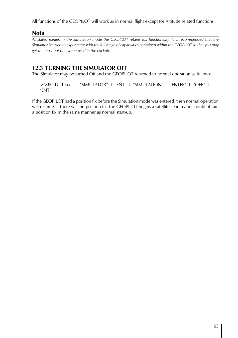 Nota, 3 turning the simulator off | AvMap GeoPilot Plus User Manual | Page 63 / 93