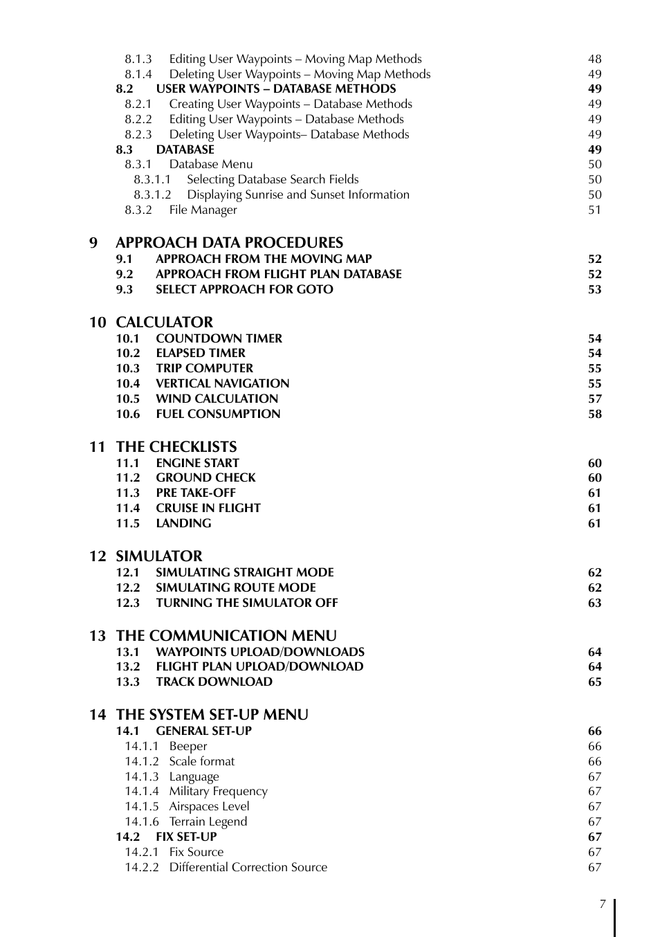 9 approach data procedures, 10 calculator, 11 the checklists | 12 simulator, 13 the communication menu, 14 the system set-up menu | AvMap GeoPilot Plus User Manual | Page 7 / 93