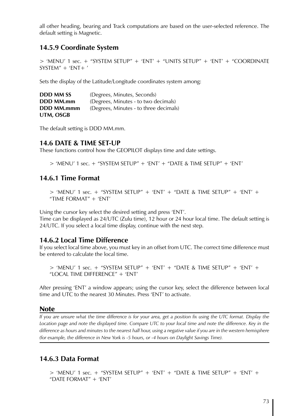 9 coordinate system, 6 date & time set-up, 1 time format | 2 local time difference, 3 data format | AvMap GeoPilot Plus User Manual | Page 73 / 93