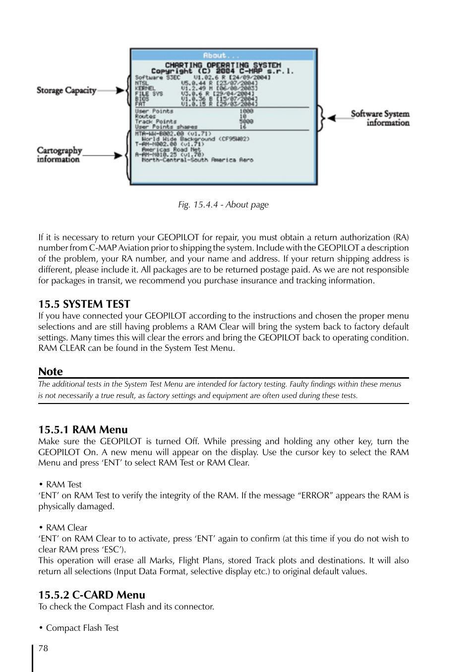 5 system test, 1 ram menu, 2 c-card menu | AvMap GeoPilot Plus User Manual | Page 78 / 93