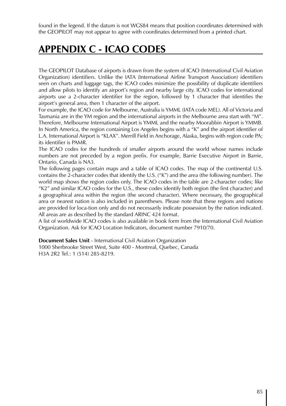 Appendix c - icao codes | AvMap GeoPilot Plus User Manual | Page 85 / 93