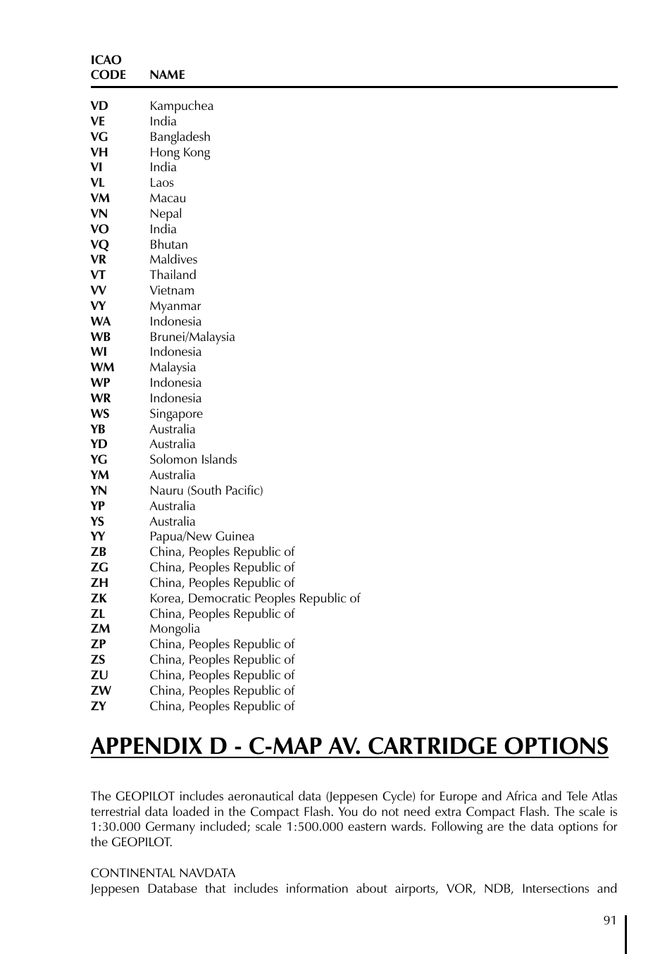 Appendix d - c-map av. cartridge options | AvMap GeoPilot Plus User Manual | Page 91 / 93