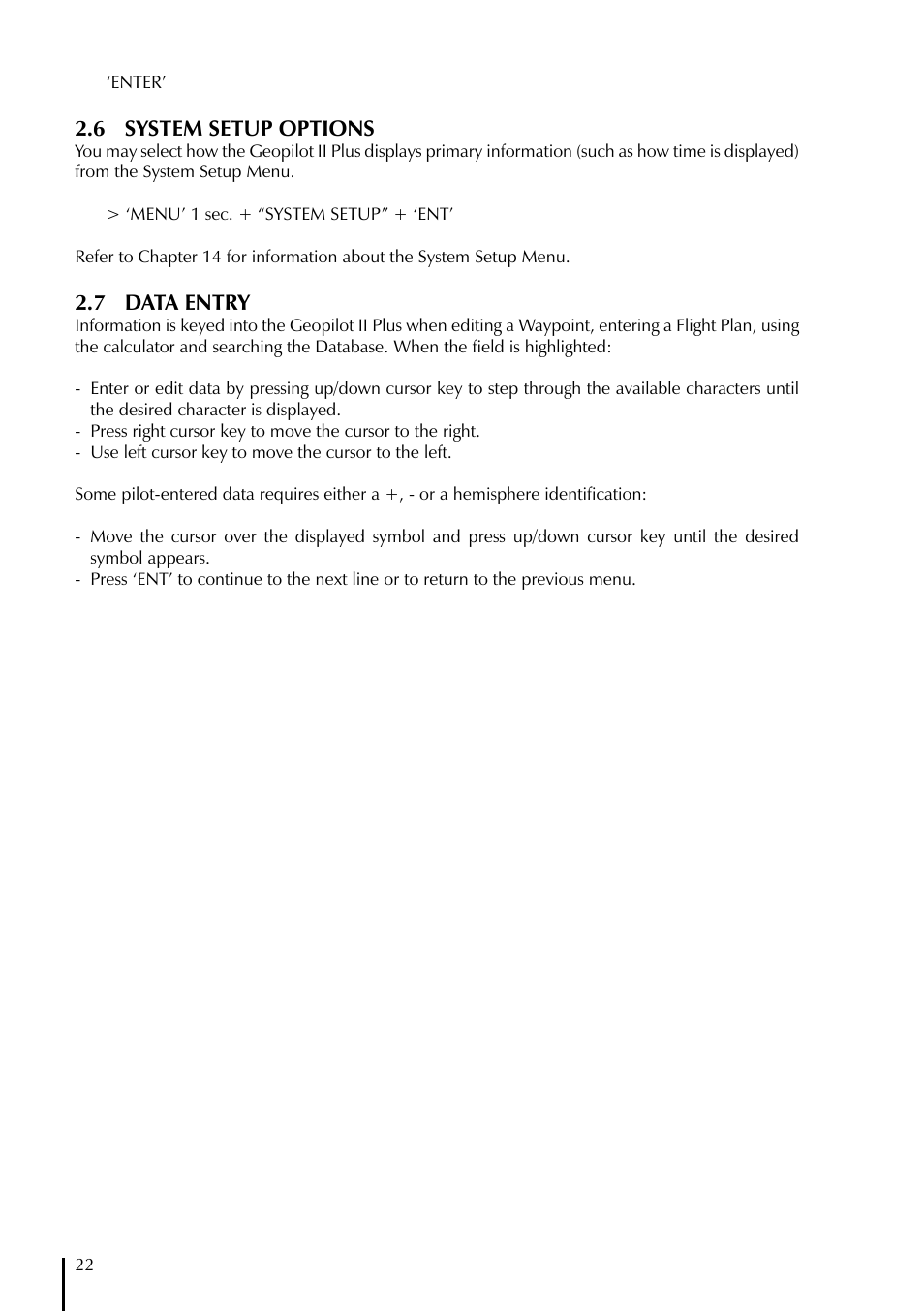 6 system setup options, 7 data entry | AvMap GeoPilot II Plus User Manual | Page 22 / 94