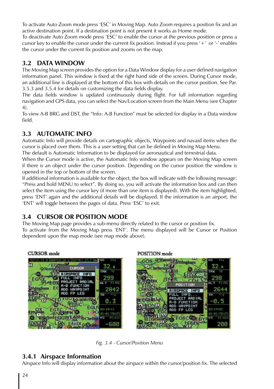2 data window, 3 automatic info, 4 cursor or position mode | 1 airspace information | AvMap GeoPilot II Plus User Manual | Page 24 / 94