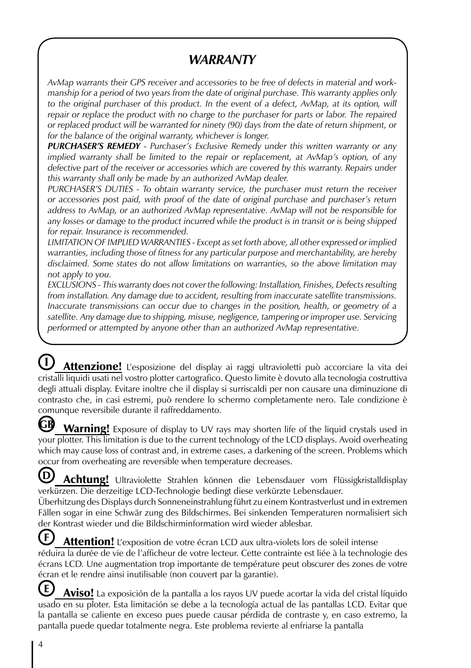 Warranty, Attenzione, Warning | Achtung, Attention, Aviso | AvMap GeoPilot II Plus User Manual | Page 4 / 94