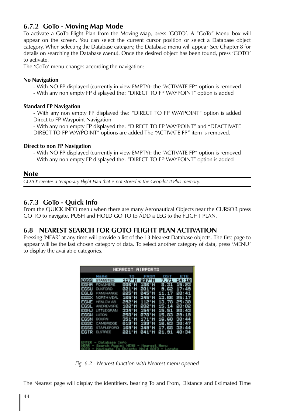 2 goto - moving map mode, 3 goto - quick info, 8 nearest search for goto flight plan activation | AvMap GeoPilot II Plus User Manual | Page 44 / 94