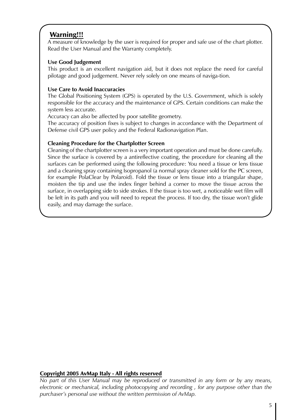 Warning | AvMap GeoPilot II Plus User Manual | Page 5 / 94