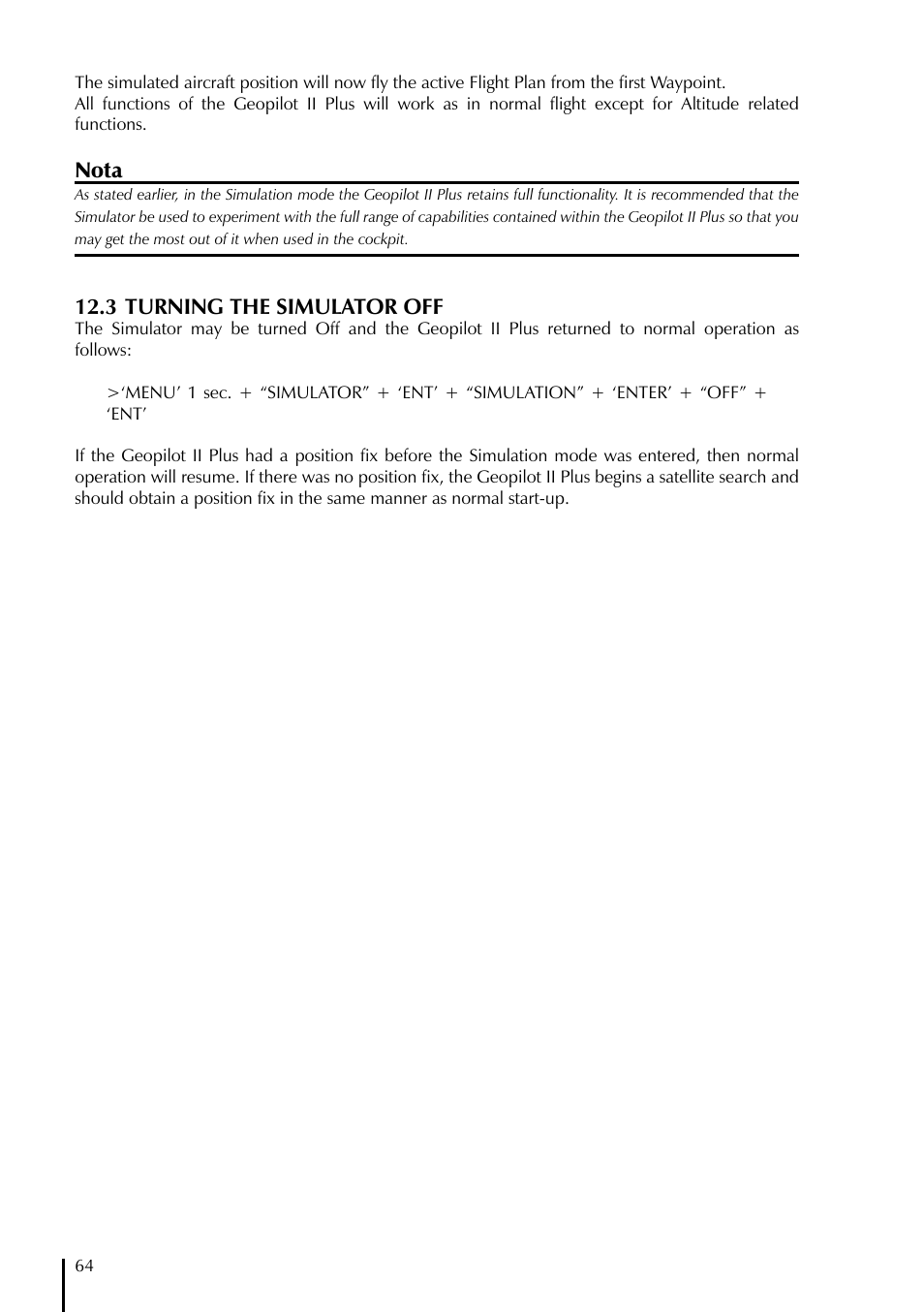 Nota, 3 turning the simulator off | AvMap GeoPilot II Plus User Manual | Page 64 / 94