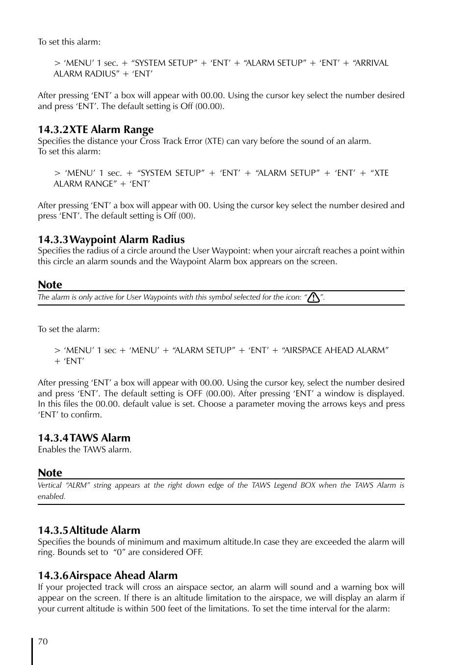 2 xte alarm range, 3 waypoint alarm radius, 4 taws alarm | 5 altitude alarm, 6 airspace ahead alarm | AvMap GeoPilot II Plus User Manual | Page 70 / 94