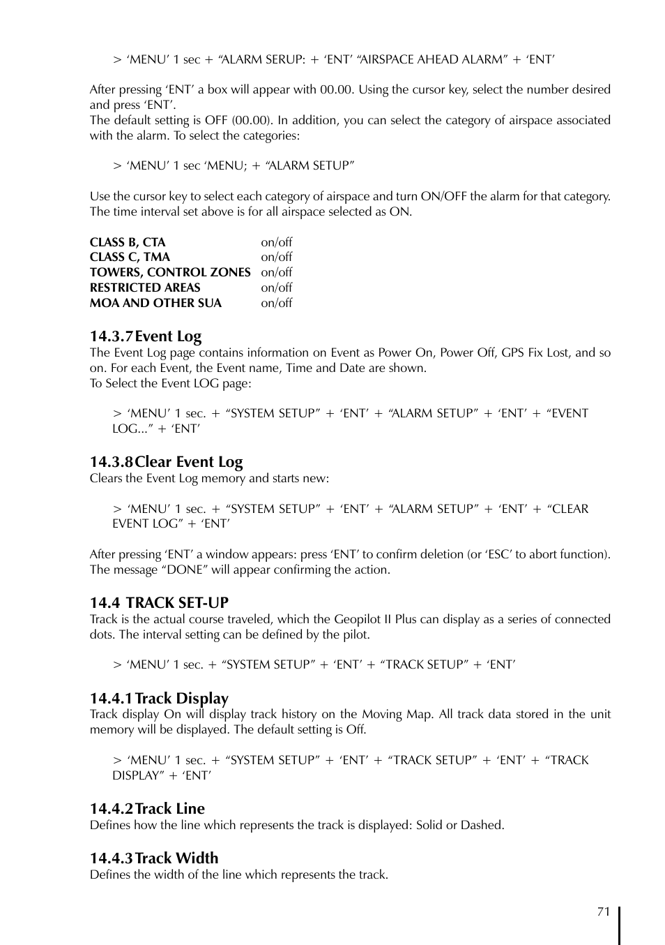 7 event log, 8 clear event log, 4 track set-up | 1 track display, 2 track line, 3 track width | AvMap GeoPilot II Plus User Manual | Page 71 / 94