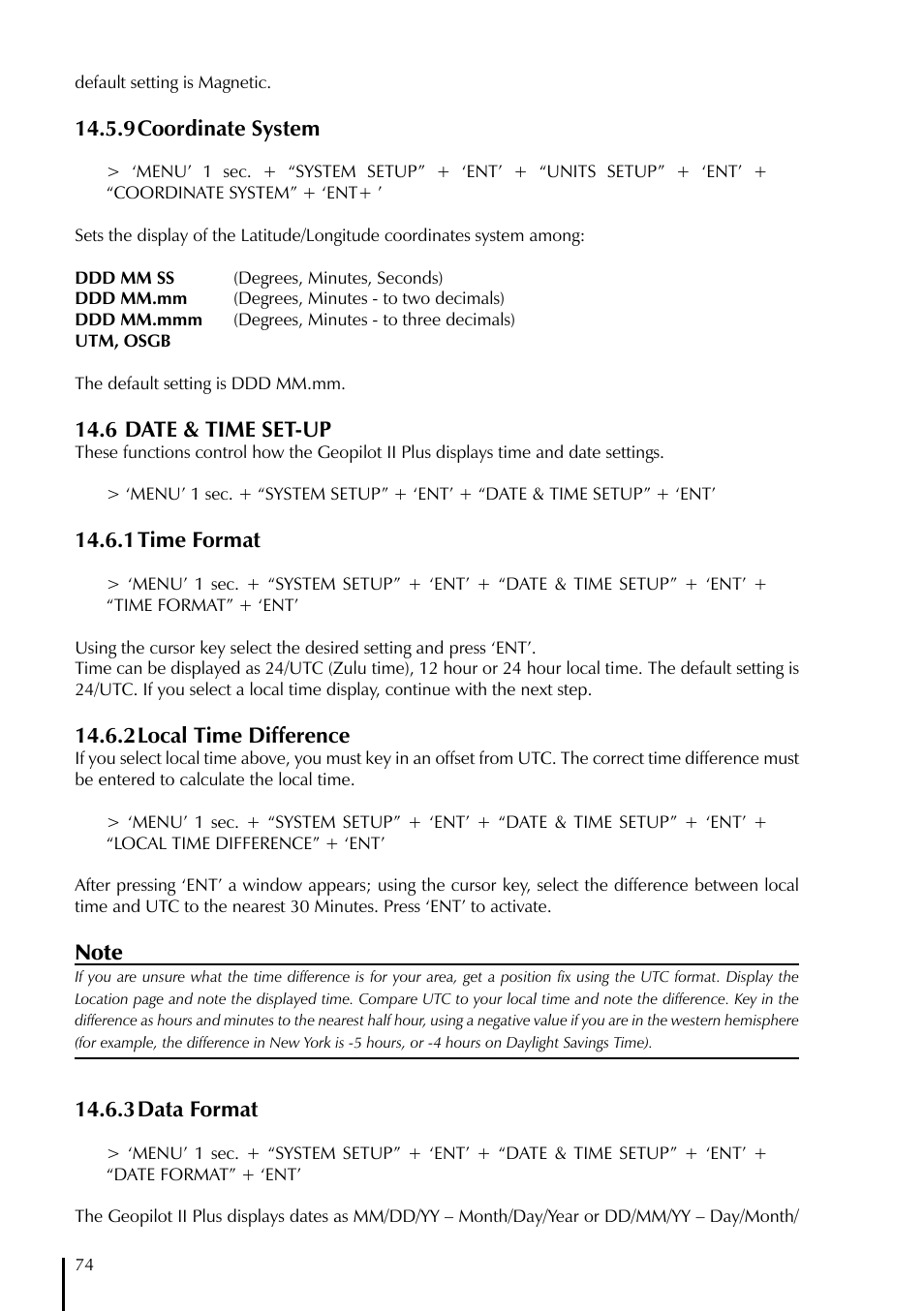 9 coordinate system, 6 date & time set-up, 1 time format | 2 local time difference, 3 data format | AvMap GeoPilot II Plus User Manual | Page 74 / 94