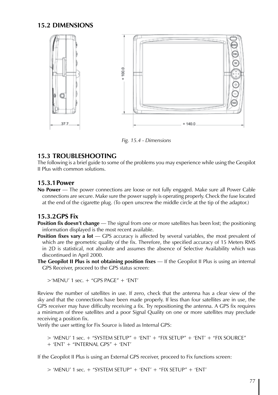 2 dimensions, 3 troubleshooting, 1 power | 2 gps fix | AvMap GeoPilot II Plus User Manual | Page 77 / 94