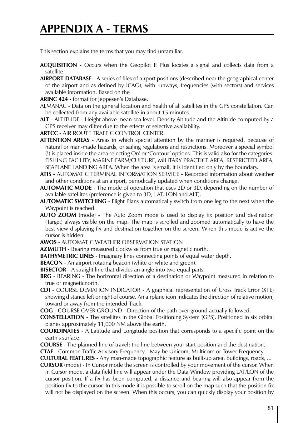 Appendix a - terms | AvMap GeoPilot II Plus User Manual | Page 81 / 94