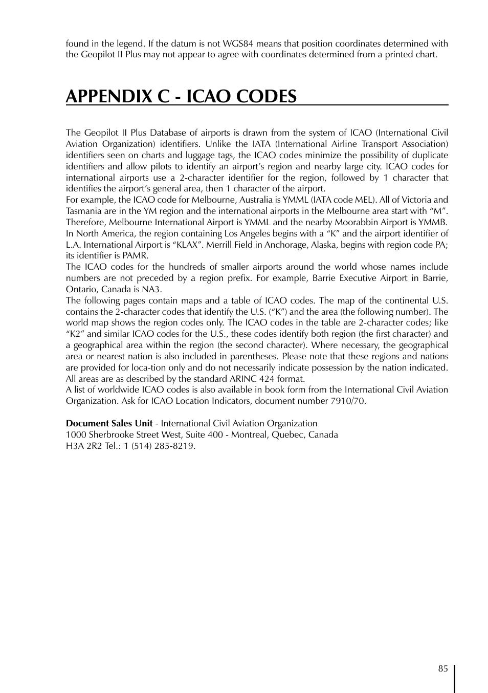 Appendix c - icao codes | AvMap GeoPilot II Plus User Manual | Page 85 / 94
