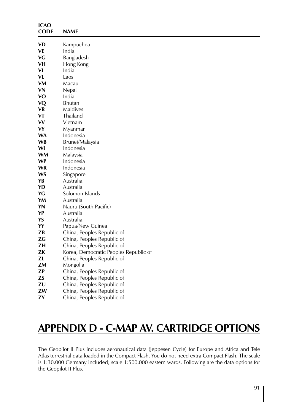 Appendix d - c-map av. cartridge options | AvMap GeoPilot II Plus User Manual | Page 91 / 94