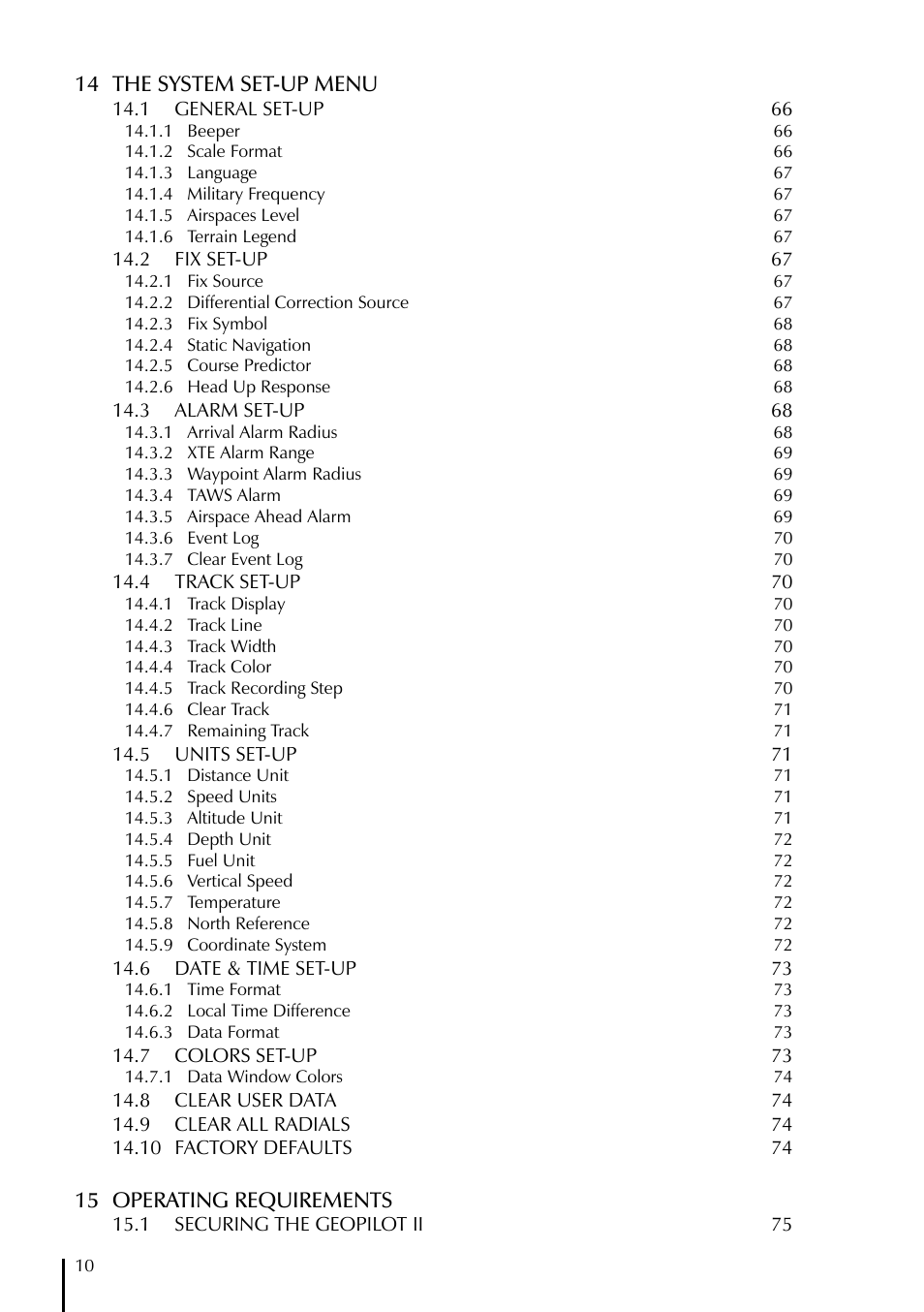 14 the system set-up menu, 15 operating requirements | AvMap GeoPilot II User Manual | Page 10 / 92