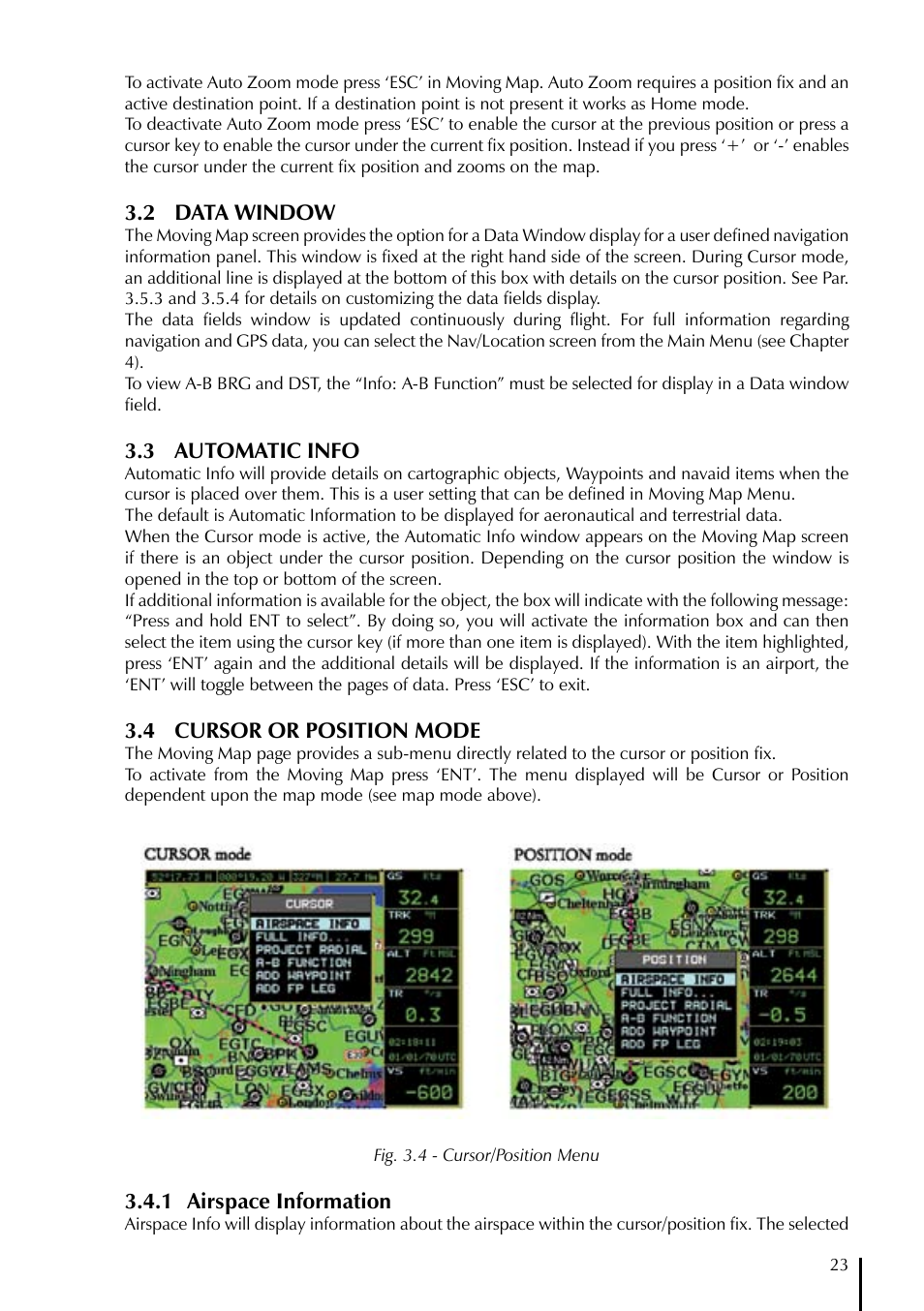2 data window, 3 automatic info, 4 cursor or position mode | 1 airspace information | AvMap GeoPilot II User Manual | Page 23 / 92
