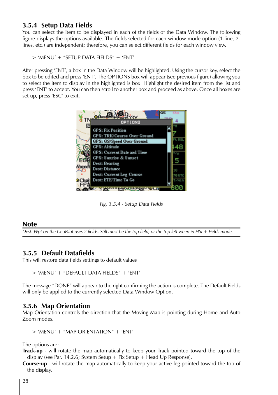4 setup data fields, 5 default datafields, 6 map orientation | AvMap GeoPilot II User Manual | Page 28 / 92