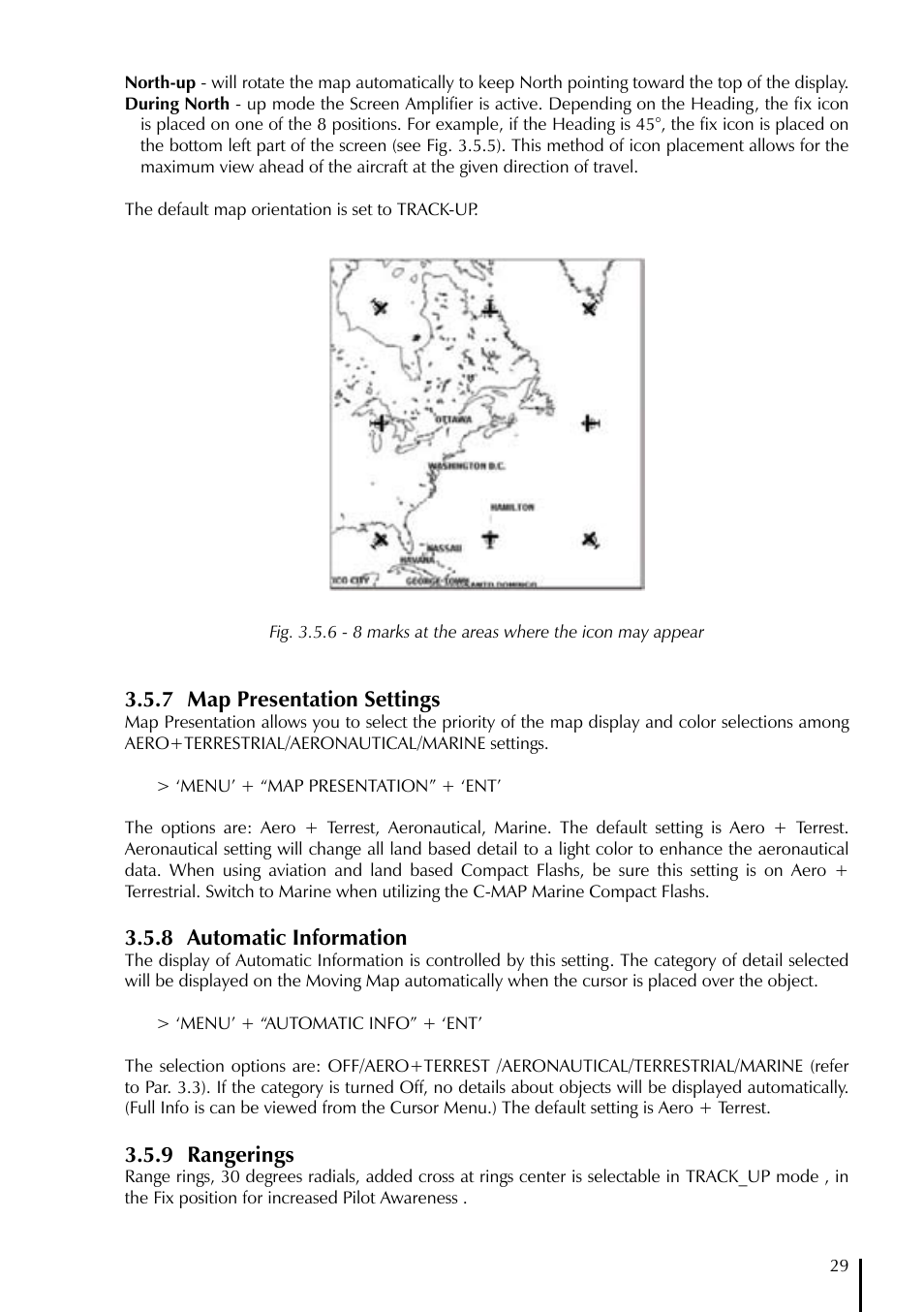 7 map presentation settings, 8 automatic information, 9 rangerings | AvMap GeoPilot II User Manual | Page 29 / 92