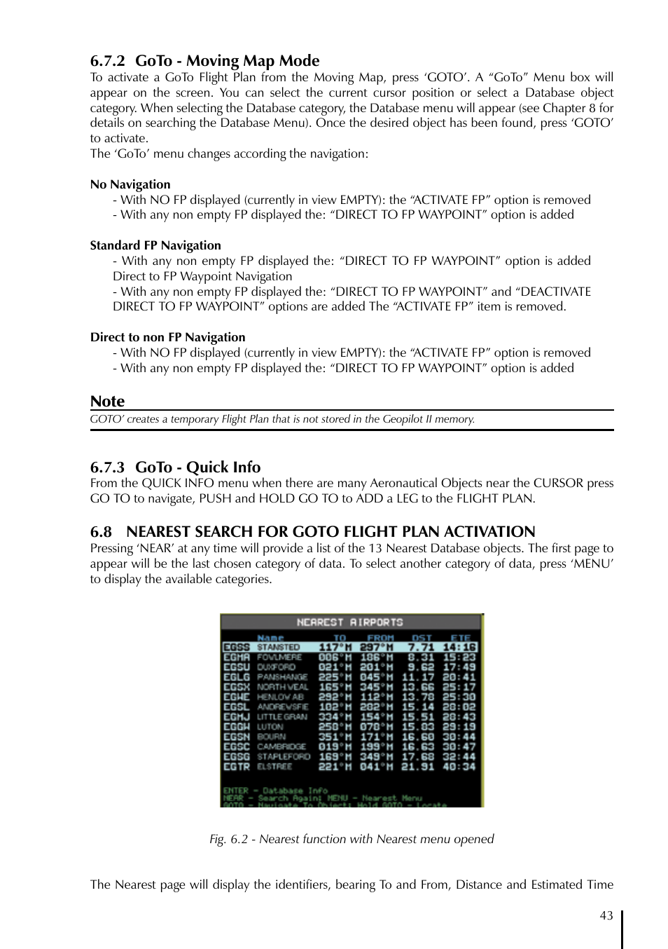 2 goto - moving map mode, 3 goto - quick info, 8 nearest search for goto flight plan activation | AvMap GeoPilot II User Manual | Page 43 / 92