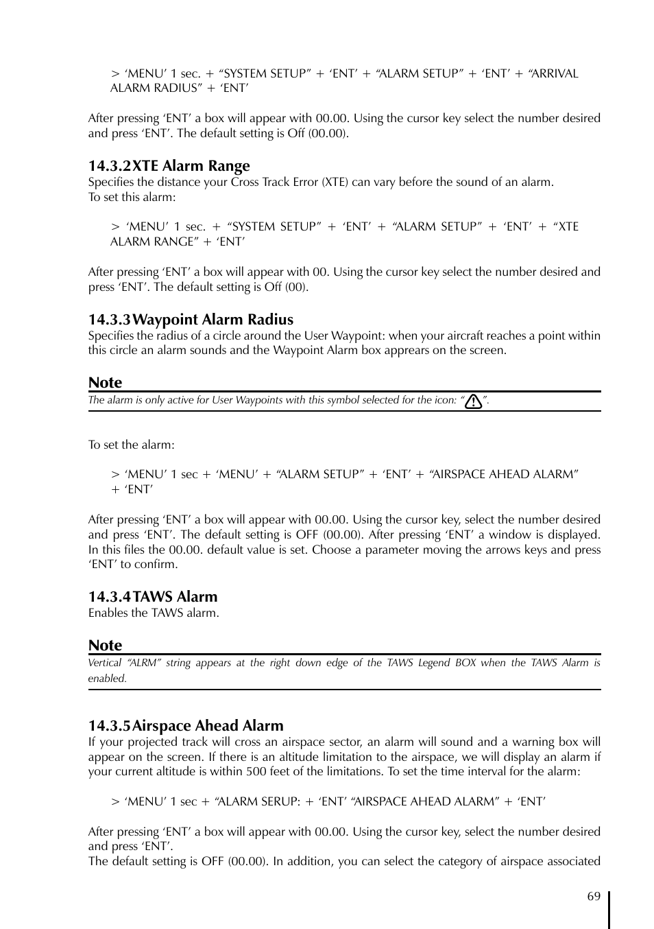 2 xte alarm range, 3 waypoint alarm radius, 4 taws alarm | 5 airspace ahead alarm | AvMap GeoPilot II User Manual | Page 69 / 92