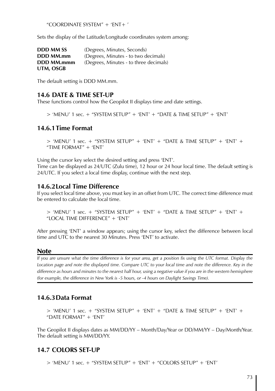6 date & time set-up, 1 time format, 2 local time difference | 3 data format, 7 colors set-up | AvMap GeoPilot II User Manual | Page 73 / 92