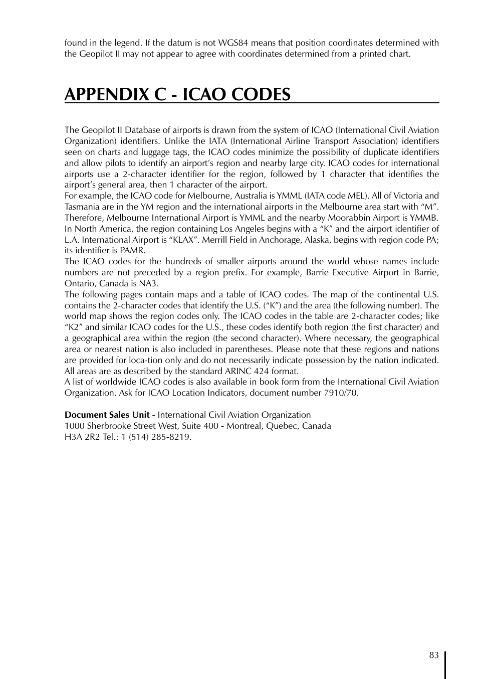 Appendix c - icao codes | AvMap GeoPilot II User Manual | Page 83 / 92