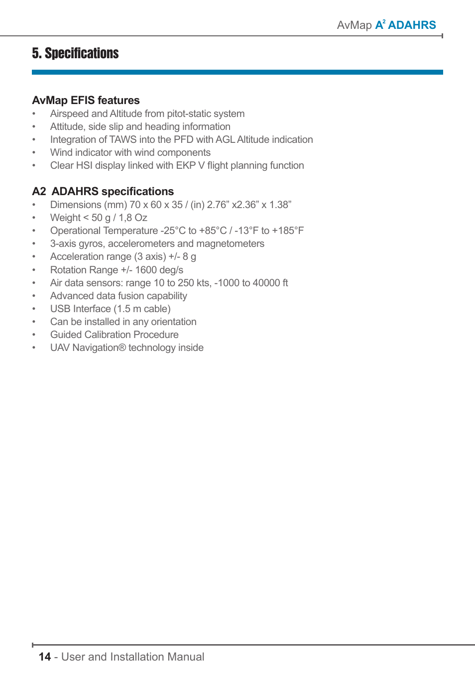 Specifications | AvMap A2 ADAHRS User Manual | Page 14 / 16