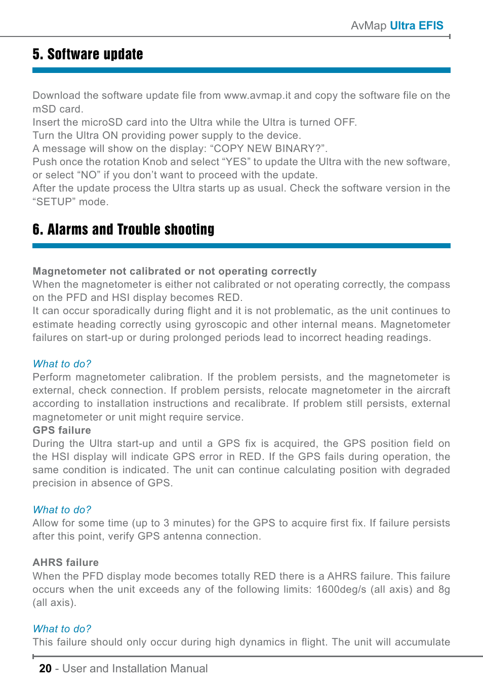Software update, Alarms and trouble shooting | AvMap ULTRA UX0EFS3XAM User Manual | Page 20 / 24