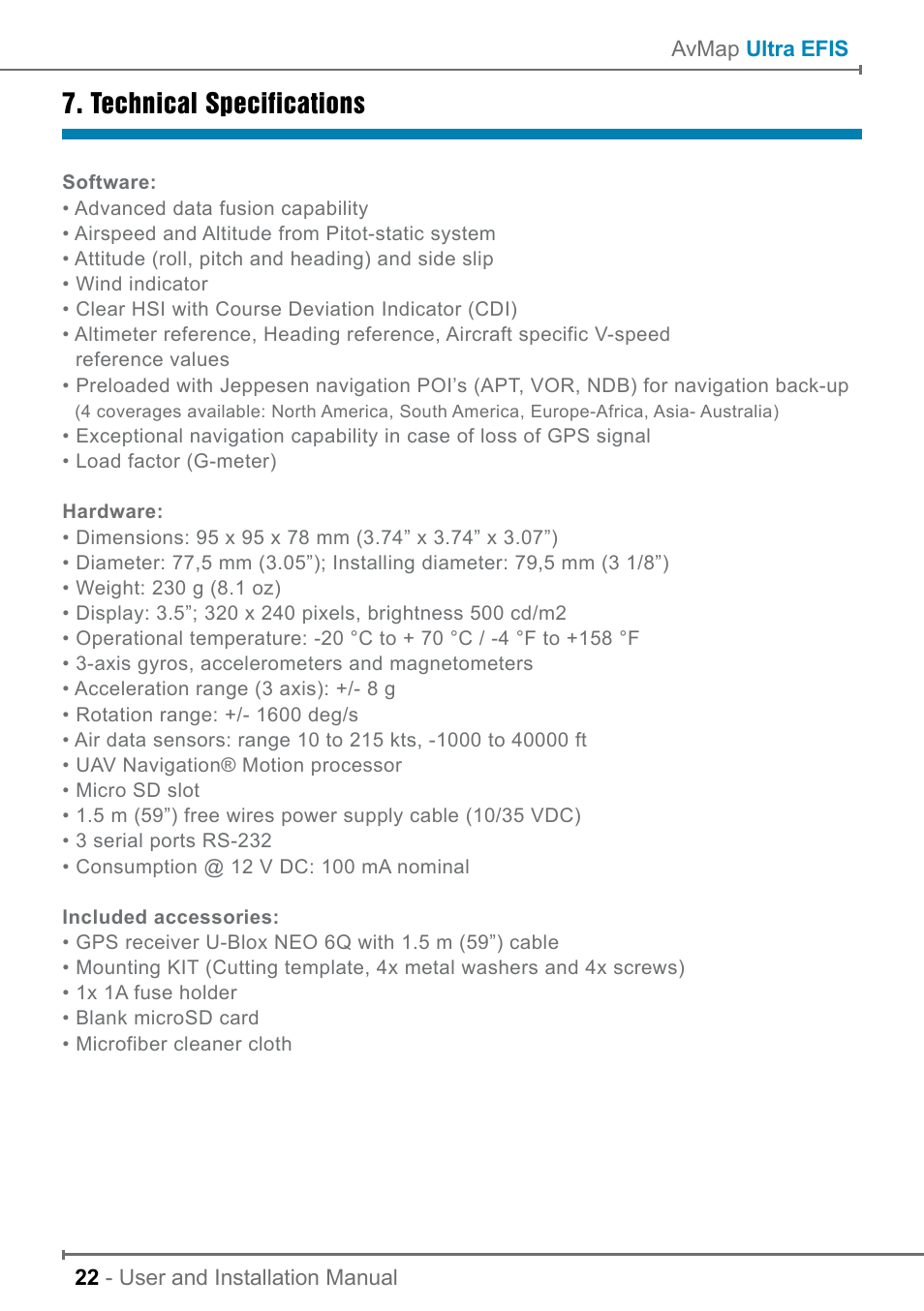 Technical specifications | AvMap ULTRA UX0EFS3XAM User Manual | Page 22 / 24