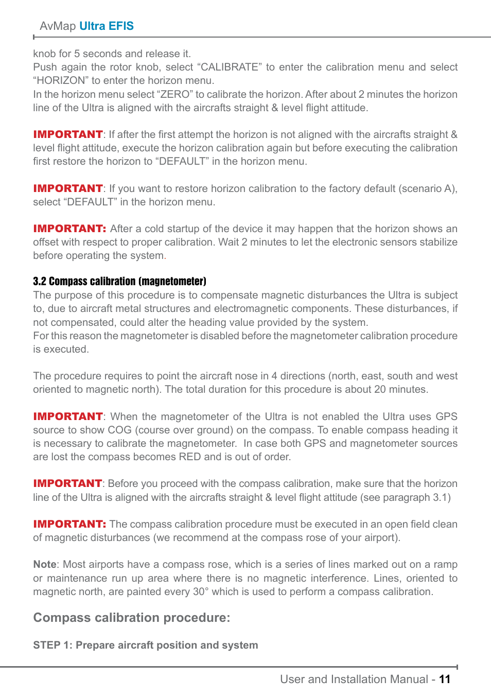 Compass calibration procedure | AvMap ULTRA UX0EFS2XAM User Manual | Page 11 / 24