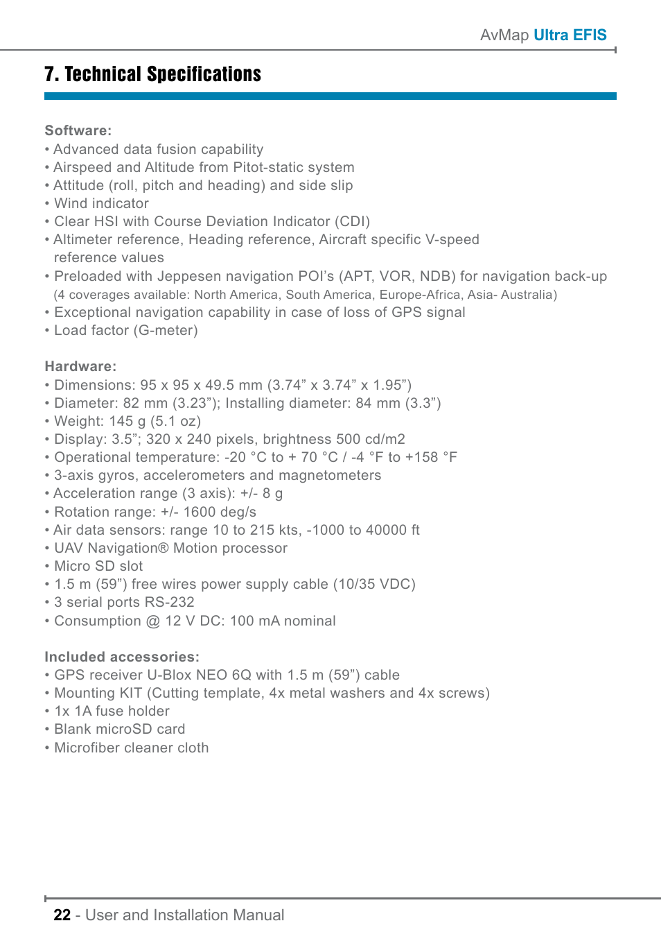 Technical specifications | AvMap ULTRA UX0EFS2XAM User Manual | Page 22 / 24