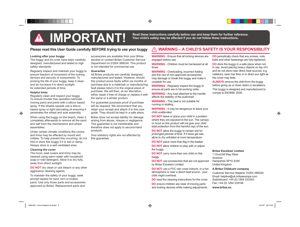 Important, Warning – a child’s safety is your responsibility | Britax Verve User Manual | Page 2 / 2