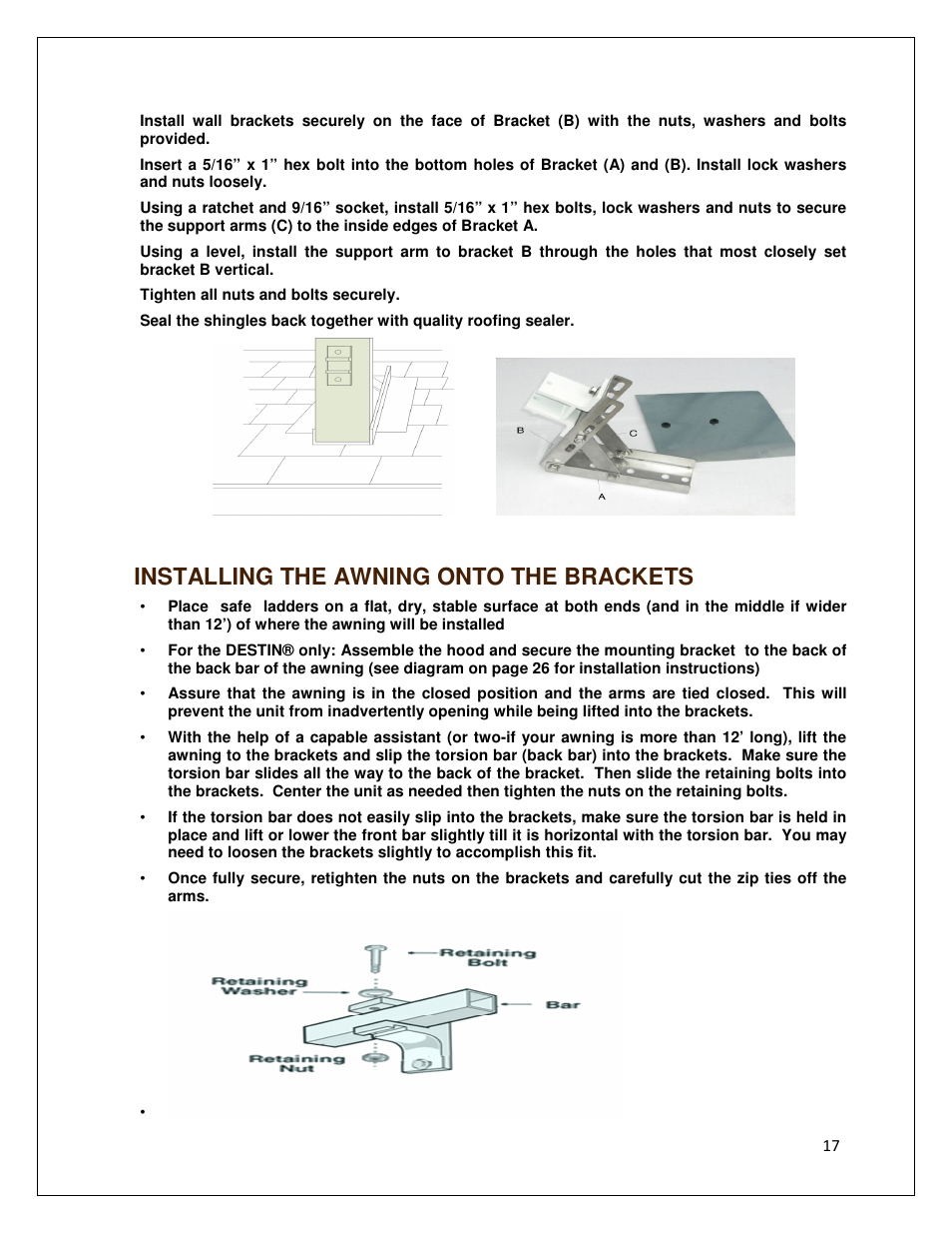 Installing the awning onto the brackets | Awntech DESTIN User Manual | Page 17 / 35