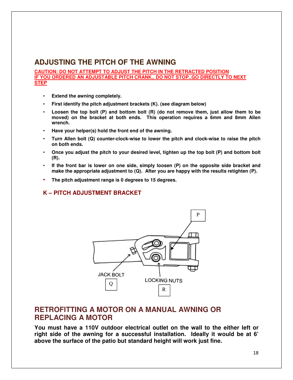 Adjusting the pitch of the awning | Awntech DESTIN User Manual | Page 18 / 35