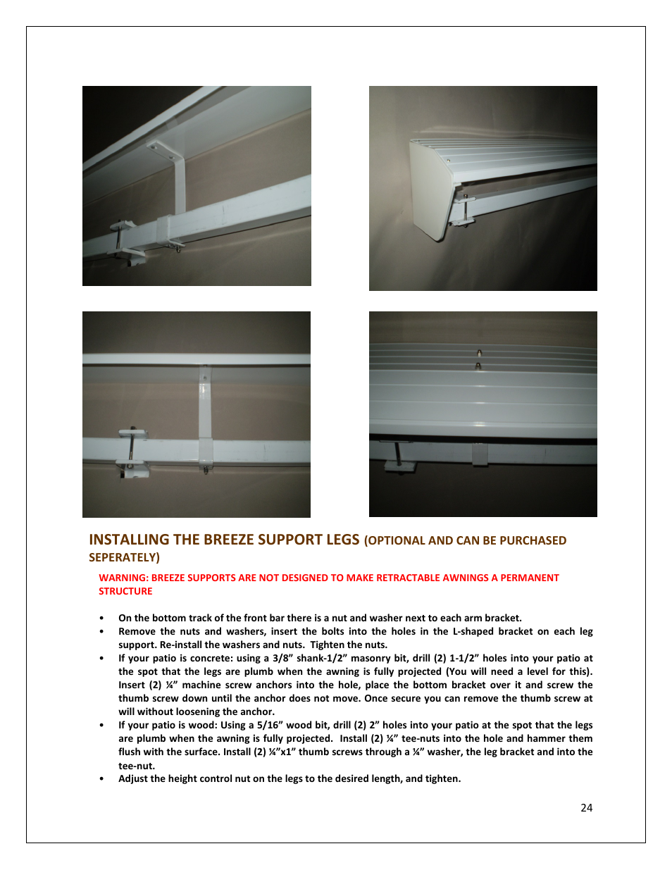 Installing the breeze support legs | Awntech DESTIN User Manual | Page 24 / 35