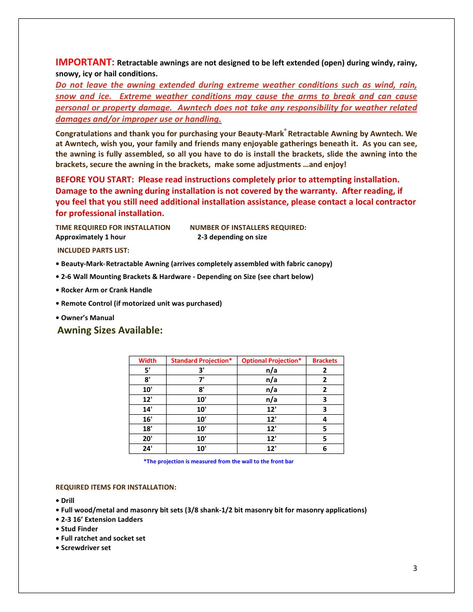 Important, Awning sizes available | Awntech DESTIN User Manual | Page 3 / 35