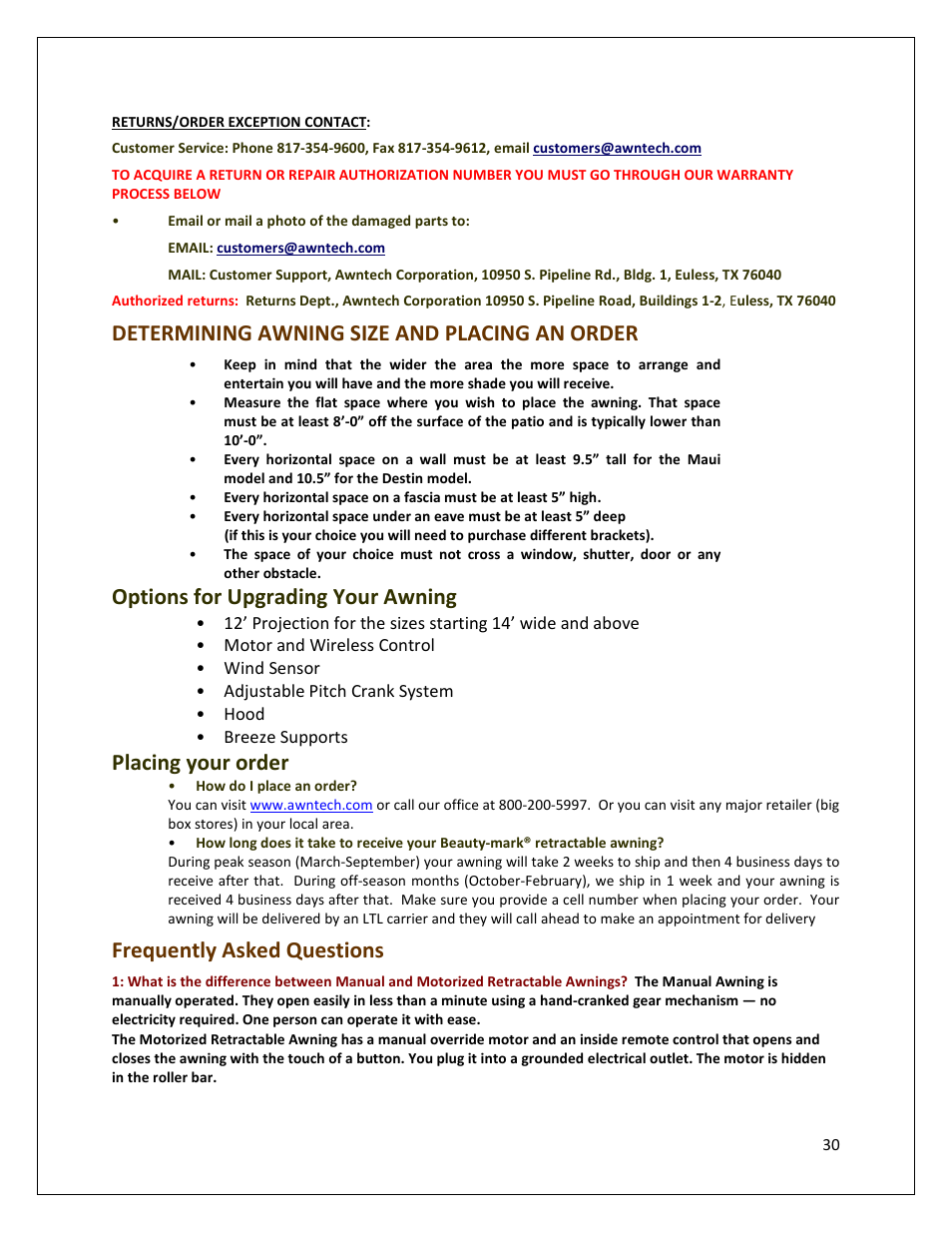 Determining awning size and placing an order, Options for upgrading your awning, Placing your order | Frequently asked questions | Awntech DESTIN User Manual | Page 30 / 35